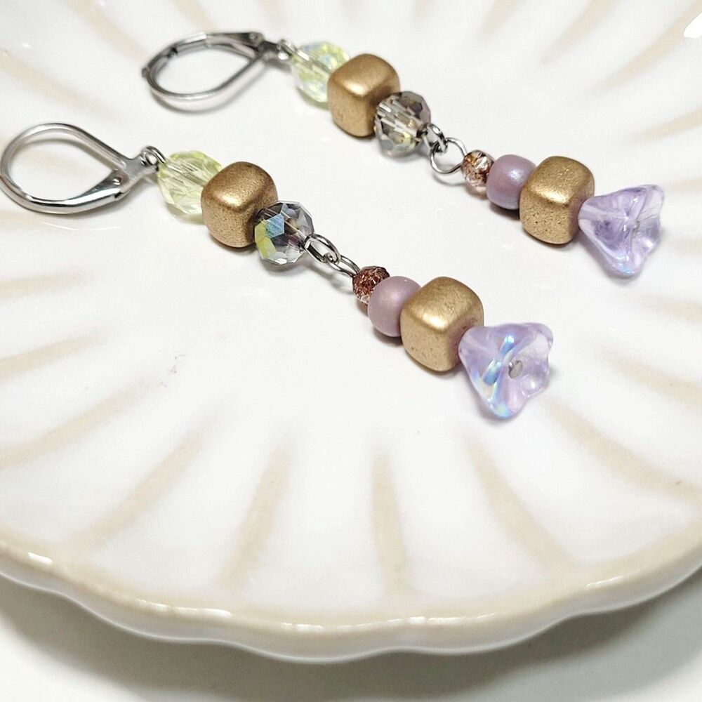 Lavender Glass Leverback earrings handmade Secret Lore earrings Earthy Bo 689■